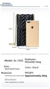 Detailed size chart of black quilted leather phone bag with dimensions and phone comparison