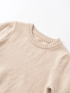Detailed view of the ribbed round neckline and soft beige knit texture on minimalist top