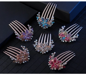 Detailed set of 6 rhinestone flower hair combs in various colors with alloy base