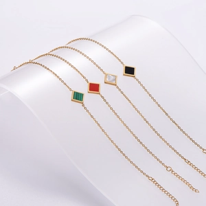Golden 18K stainless steel chain bracelets with square malachite and agate gemstones