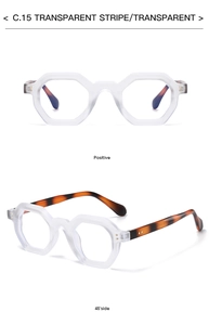 Detailed views of octagonal transparent frame sunglasses with tortoiseshell temples