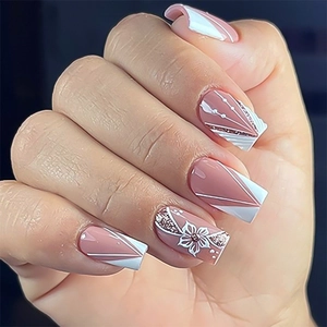 Unghie Finte Press On Design Fiori 3D French Tip Rosa Bianco Geometrico Glitter Forma Bara Per Donne