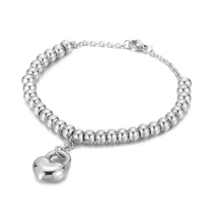 Polished silver bead bracelet with a minimalist heart-shaped padlock charm on white background