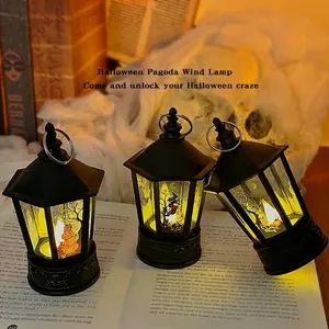 Halloween LED Lantern Decorative Retro Pagoda Hanging Night Light Warm Yellow Glow Plastic Witch Pumpkin Skeleton Party Decor