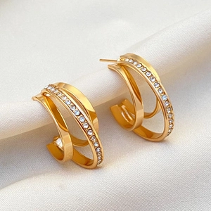 Elegant gold multi-layer C-shape earrings with rhinestones for a vintage French style