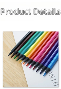 Macro view of 12 vibrant colored pencils with black hexagonal barrels on wooden background