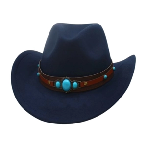 Detail of navy western cowboy hat featuring turquoise stone studs and brown leather band