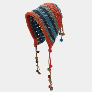 Bonnet Au Crochet Fait Main Rayures Colorées Avec Pompons Et Protège Oreilles Bohème Hiver Chaud Acrylique