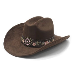 Chapeau de cowboy marron à bord large avec broderie florale ethnique et bandeau perlé