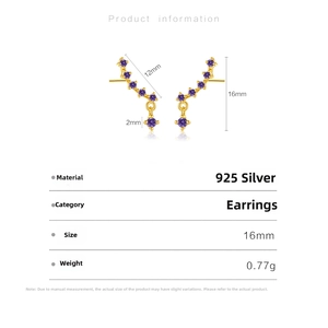 Close-up of gold 925 silver stud earrings with purple zircons and dimensions of 12mm by 16mm