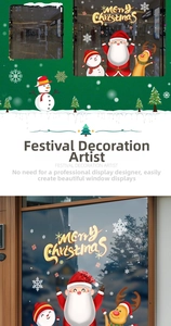 Close-up of Santa, reindeer and snowman static window clings with Merry Christmas gold text