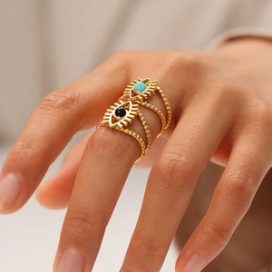 Evil Eye Ring Stainless Steel Gold Plated Adjustable Bohemian Vintage Hypoallergenic Jewelry For Women