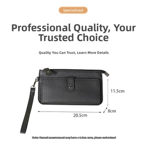 Detail showing measurements of the black dual-layer long wallet with wrist strap