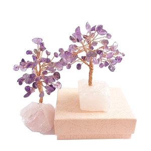 Amethyst crystal money tree with copper wire on rose quartz base and pink gift box