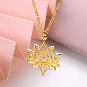 Minimalist hollow lotus pendant necklace in polished gold finish for women
