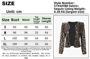 Detailed size chart for women's leopard sequin blazer showing measurements in cm