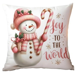 Pink Christmas snowman plush pillowcase with Joy To The World print on white background
