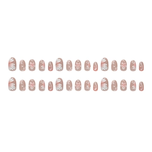3D white floral press-on nails with pearl accents and pink gradient pearlescent finish