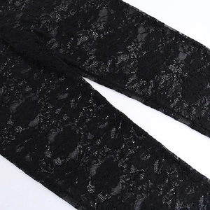 Close-up of black floral lace fabric showing intricate mesh patterns and sheer texture