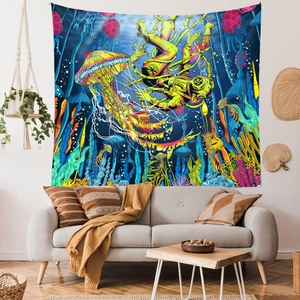 Vibrant psychedelic jellyfish wall tapestry hanging over a sofa for room decoration