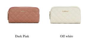 Detail of quilted leather long wallets in dark pink and off-white with dual zippers