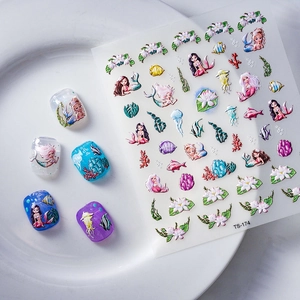 5D embossed mermaid ocean nail stickers with 3D marine life and floral patterns