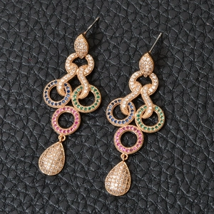 Elegant long tassel earrings with colorful zircons and golden drop pendants for women