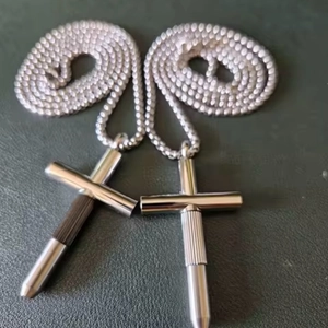 Polished silver stainless steel cross pendant necklace with screw-open hidden compartment