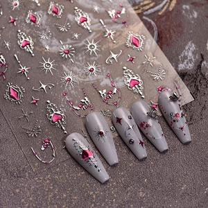 Autocollants ongles gothiques avec étoiles argentées et chaîne cœur rose pour l'art DIY