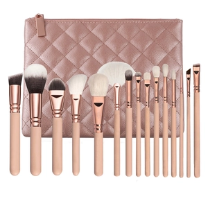 15-piece pink makeup brush set with rose gold wooden handles and checkered zipper pouch