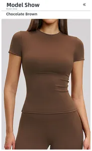 Close-up of chocolate brown short-sleeved quick-dry yoga top with high-elastic fabric