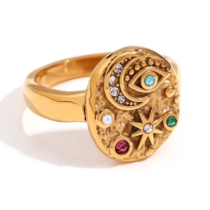 Vintage 18K gold plated stainless steel ring with celestial moon and star pattern