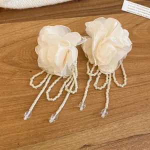 Elegant chiffon flower earrings with long beaded tassels and crystal drops for women