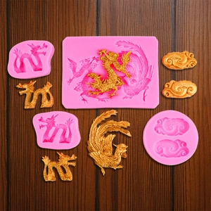 Siliconen fondant mal set met Chinese draak, feniks en wolken voor taartdecoratie ontwerpen