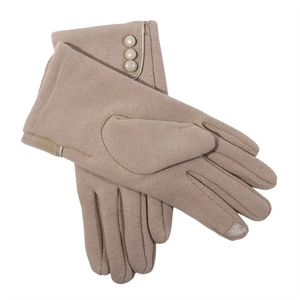 Close-up of khaki winter gloves with touch screen finger tips and decorative buttons