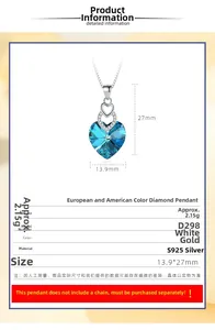 Detailed view of S925 silver blue crystal heart pendant with faceted finish and dimensions