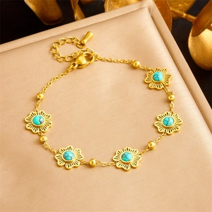 Gold-plated stainless steel flower bracelet with blue turquoise stones for women