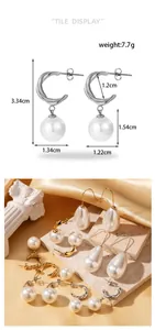 Size specifications for French style pearl drop earrings with twisted C-shape metal design