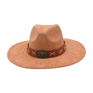 Wide brim tan fedora with western style bull head buckle and cross-stitch detail