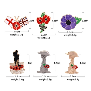 Poppy flower and soldier silhouette commemorative brooches with dimensions and weights