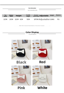 Detailed size chart and product specifications for the pearl bow shoulder bag for kids