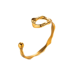 Golden titanium steel open bangle with organic wave design and sphere detail