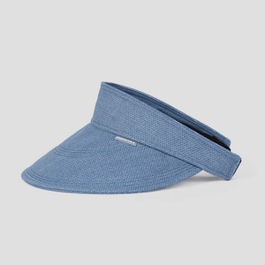 Detailed view of blue woven visor texture with Comfortable label and wide brim design