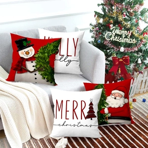 Christmas Pillowcases Polyester Linen Texture Santa Claus Snowman Cartoon Print Home Sofa Living Room Decorative Cushion Covers