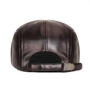 Classic men's brown PU leather flat cap with adjustable back strap for winter