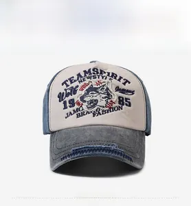 Detail of vintage washed baseball cap with wolf embroidery and team spirit text logo