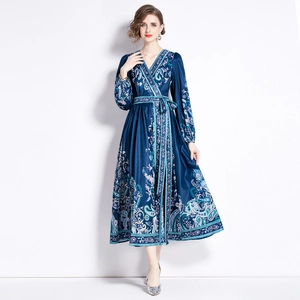 Elegant navy paisley V-neck wrap maxi dress with long sleeves and belted waistline