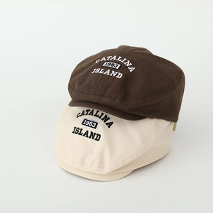 Kids vintage 1983 letter embroidery beret hat in dark brown and beige canvas