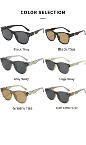 Detailed view of oval sunglasses color selection with gold circle decor on temples