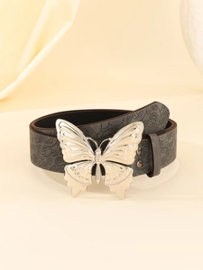 Detailed view of dark grey leather belt featuring floral embossing and a silver butterfly buckle